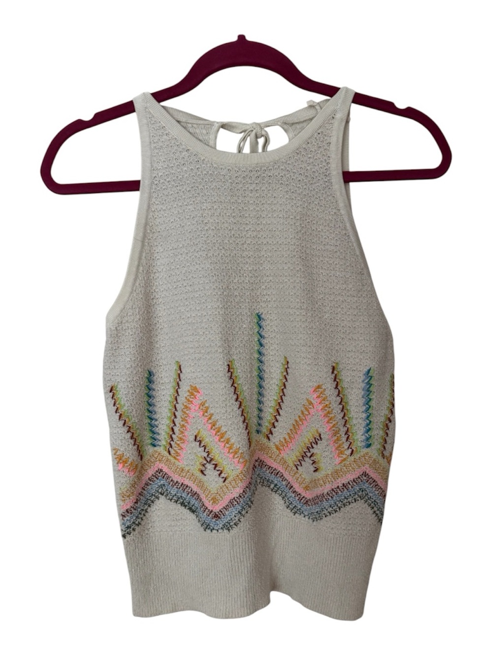 Anthropologie Cream Crochet Tank with Multicolor Zigzag Embroidery
